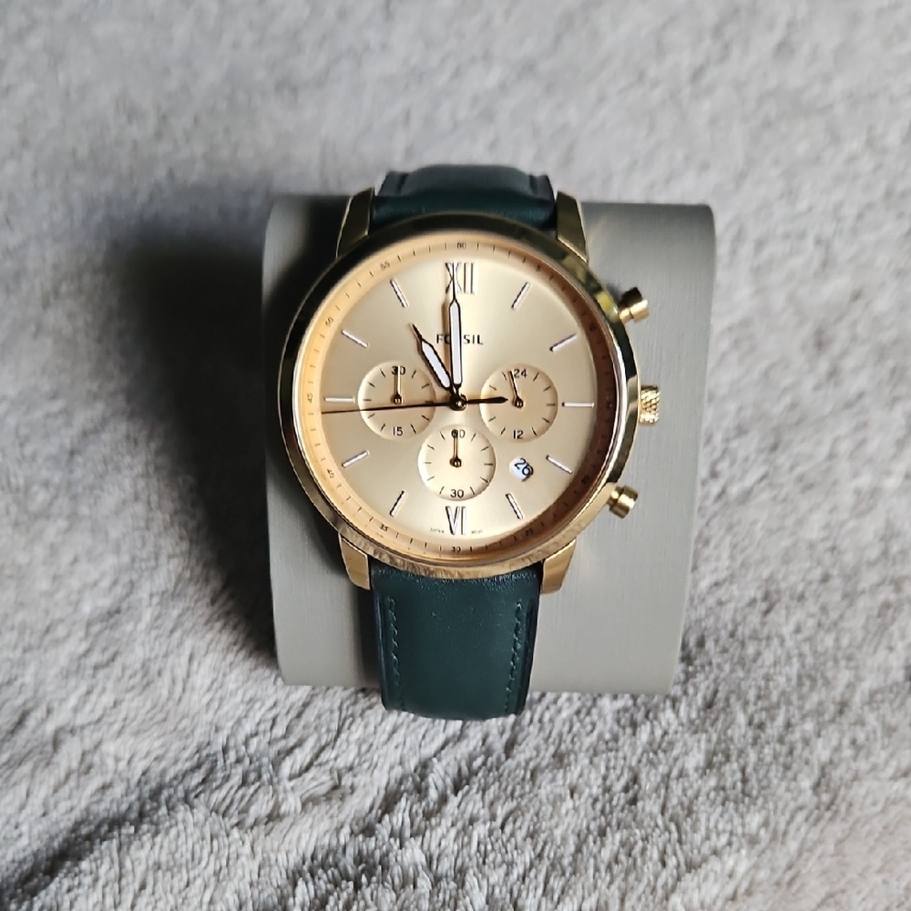 Fossil Gold Watch with Dark Green Leather Band